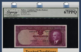 TT PK 135 1930 TURKEY 1 LIRA BOLD COLORS LCG 67 PPQ SUPERB GEM NEW TIED AS BEST