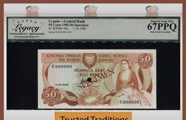 TT PK 49s 1983-84 CYPRUS 50 CENTS SCARCE SPECIMEN LCG 67 PPQ SUPERB TIED AS BEST