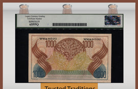 TT PK 48 1952 INDONESIA 1000 RUPIAH STUNNING BEAUTY LCG 65 PPQ GEM NEW