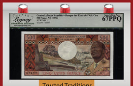 TT PK 1 1974 CENTRAL AFRICAN REPUBLIC 500 FRANCS PCGS 67 PPQ SUPERB 1ST ISSUED