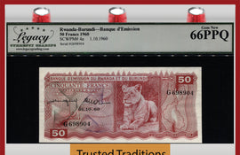 TT PK 4a 1960 RWANDA-BURUNDI 50 FRANCS RARE LIONESS LCG 66 PPQ GEM TEID AS BEST!