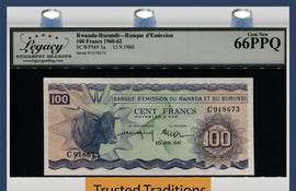 TT PK 5a 1960-62 RWANDA-BURUNDI 100 FRANCS ZEBU LCG 66 PPQ GEM NEW TIED AS BEST!