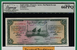 TT PK 4 1954 SAUDI ARABIA HIGHLY COVETED HAJ PILGRIM 10 RIYALS LCG 66 PPQ GEM