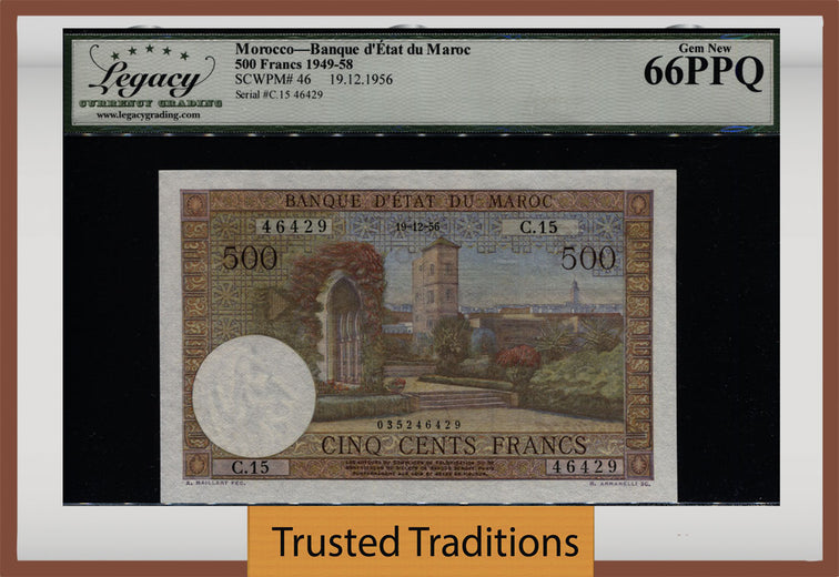 TT PK 46 1949-58 MOROCCO 500 FRANCS LCG 66 GEM RARE FIND ONLY TWO GRADED HIGHER!
