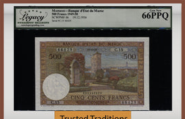 TT PK 46 1949-58 MOROCCO 500 FRANCS LCG 66 GEM RARE FIND ONLY TWO GRADED HIGHER!