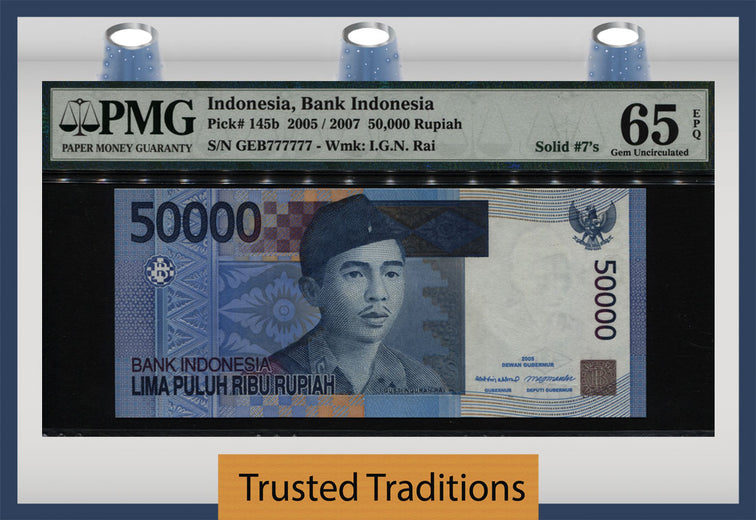 TT PK 0145b 2005 INDONESIA 50000 RUPIAH LUCKY SERIAL # 777777 PMG 65 EPQ GEM UNC!