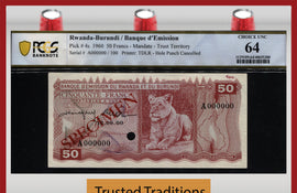 TT PK 4s 1960 RWANDA-BURUNDI 50 FRANCS BEAUTIFUL SPECIMEN RARE LIONESS PCGS 64