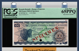 TT PK 005s 1960-62 RWANDA-BURUNDI 100 FRANCS SPECIMEN ZEBU PCGS 65 EPQ GEM NEW