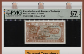 TT PK 1a 1960-61 RWANDA-BURUNDI 5 FRANCS IMPALA PMG 67 EPQ SUPERB TIED AS BEST!