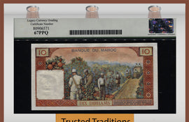 TT PK 54a 1960 MOROCCO 10 DIRHAMS KING MUHAMMAD V LCG 67 PPQ SUPERB TOP POP!