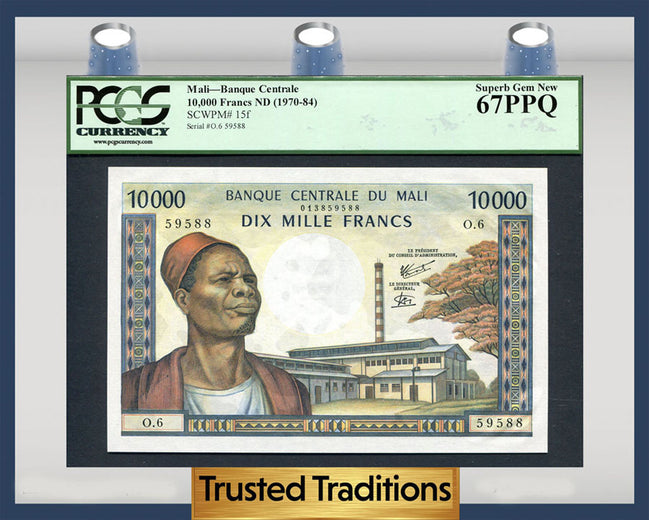 TT PK 0015f 1970-84 MALI 10000 FRANCS PCGS 67 PPQ SUPERB GEM NONE FINER KNOWN