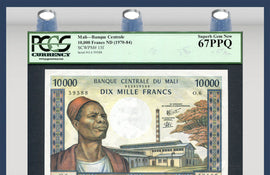 TT PK 0015f 1970-84 MALI 10000 FRANCS PCGS 67 PPQ SUPERB GEM NONE FINER KNOWN