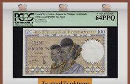 TT PK 0023 1936-41 FRENCH WEST AFRICA 100 FRANCS PROOF PCGS 64 PPQ FINEST KNOWN!
