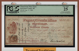 TT 1864 PENNSYLVANIA MINING CO. $20 CHECK WHAT THE SAM HILL PCGS 25 VERY FINE!