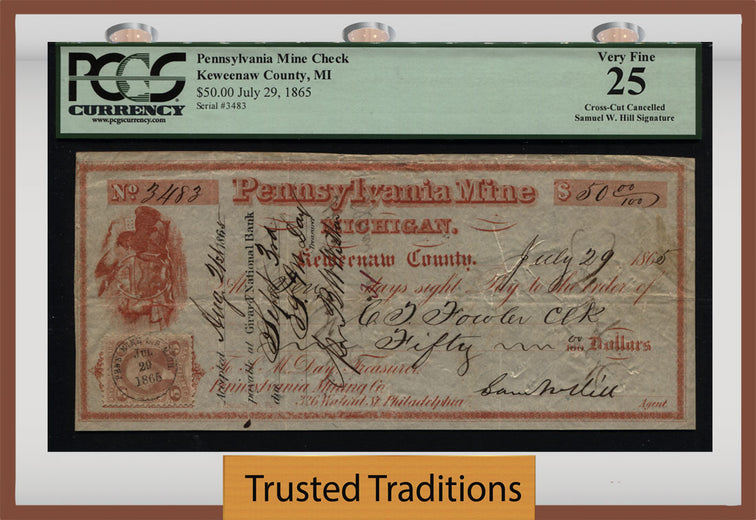 TT 1865 PENNSYLVANIA MINING CO. $50 CHECK 