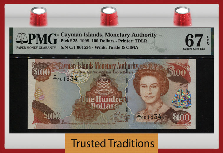 TT PK 0025 1998 CAYMAN ISLANDS 100 DOLLARS QUEEN ELIZABETH II PMG 67 EPQ NONE FINE