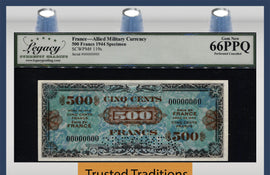 TT PK 119s 1944 FRANCE 500 FRANCS ALLIED MILITARY LCG 66 PPQ GEM FINEST KNOWN!