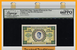 TT PK 99s 1953 FRENCH INDO-CHINA 1 PIASTRE = 1 KIP SPECIMEN LCG 66 PPQ GEM NEW!