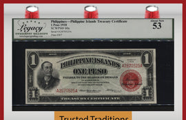 TT PK 60a 1918 PHILIPPINES TREASURY CERTIFICATE 1 PESO LCG 53 ABOUT NEW!