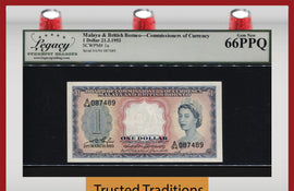 TT PK 1a 1953 MALAYA & BRITISH BORNEO 1 DOLLAR QUEEN ELIZABETH II LCG 66 PPQ GEM