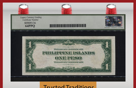 TT PK 68a 1924 PHILIPPINES TREASURY CERTIFICATE 1 PESO LCG 64 PPQ NONE FINER