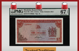 TT PK 0039b 1979 RHODESIA RESERVE BANK 2 DOLLARS ZIMBABWE BIRD PMG 67 EPQ SUPERB!