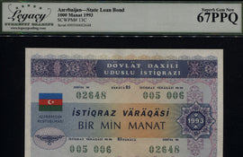 TT PK 013C 1993 AZERBAIJAN STATE LOAN BOND 1000 MANAT LCG 67 PPQ ONLY TWO GEMS KNOWN!