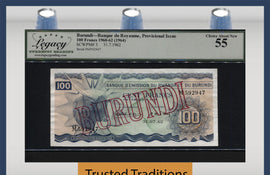 TT PK 5 1960-62 BURUNDI 100 FRANCS SCARCE OVERSTAMP LCG 55 CHOICE ABOUT NEW!