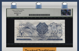 TT PK 5 1960-62 BURUNDI 100 FRANCS SCARCE OVERSTAMP LCG 55 CHOICE ABOUT NEW!