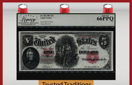 TT FR 85 1907 $5 LEGAL TENDER LARGE RED SEAL WOODCHOPPER LCG 66 PPQ GEM NEW