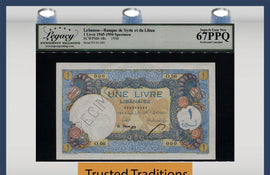 TT PK 048s 1950 LEBANON SPECIMEN 1 LIVRE LCG 67 PPQ SUPERB RARE & HIGHLY COVETED!