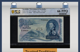 TT PK 15b 1974 SEYCHELLES 10 RUPEES QUEEN ELIZABETH II SCUM NOTE PCGS 66 PPQ GEM