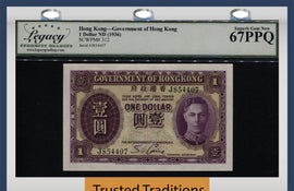 TT PK 312 1936 HONG KONG 1 DOLLAR KING GEORGE VI VIVID COLORS LCG 67 PPQ SUPERB