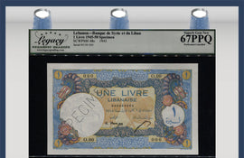 TT PK 48s 1950 LEBANON SPECIMEN 1 LIVRE LCG 67 PPQ SUPERB RARE & HIGHLY COVETED!