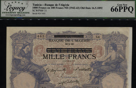 TT PK 31 1942-43 TUNISIA 1000 FRANCS ON 100 FRANCS LCG 66 PPQ GEM ONLY ONE FINER