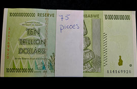 TT PK 88 2008 ZIMBABWE 10 TRILLION DOLLARS 75 NOTES PACK AU TO UNCIRCULATED