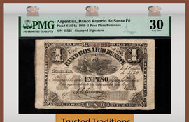 TT PK S1854a 1869 ARGENTINA 1 PESO PLATA BOLIVIANA SCARCE PMG 30 FINEST KNOWN