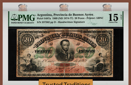 TT PK S487a 1869 ARGENTINA 20 PESOS SCARCE ONLY EXAMPLE GRADED PMG 150 YRS OLD !