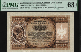 TT PK R24 1944 YUGOSLAVIA / SLOVENIA GERMAN OCCUPATION WWII 1000 LIR PMG 63 EPQ!