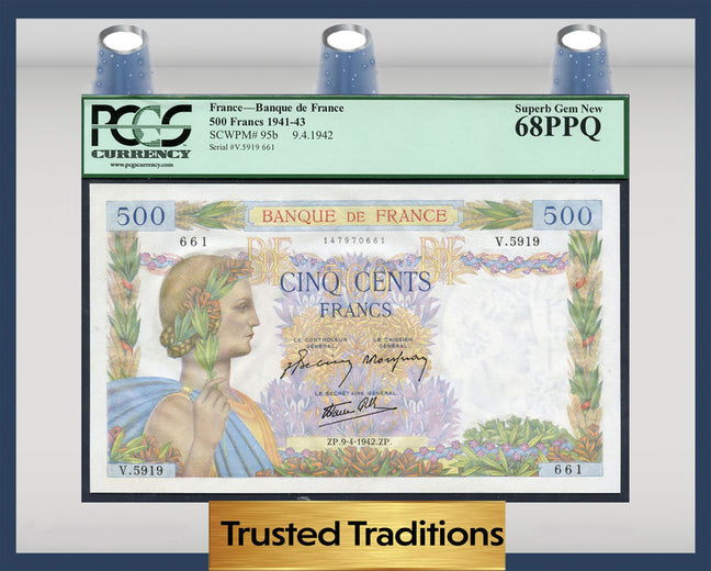 TT PK 95b 1941-43 FRANCE 500 FRANCS PCGS 68 PPQ SUPERB GEM NEW STELLAR NOTE!