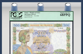 TT PK 95b 1941-43 FRANCE 500 FRANCS PCGS 68 PPQ SUPERB GEM NEW STELLAR NOTE!