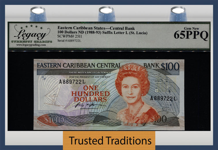 TT PK 25L1 ND (1988-93) EASTERN CARIBBEAN STATES 100 DOLLARS LCG 65 PPQ GEM NEW