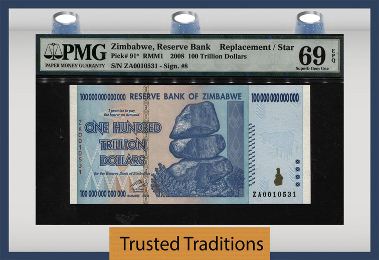 TT PK 91* 2008 ZIMBABWE 100 TRILLION DOLLARS REPLACEMENT STAR 5 IN PMG 69 EPQ (Copy)
