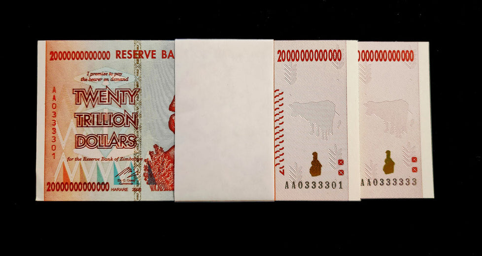 TT PK 89 2008 ZIMBABWE RESERVE BK 20 TRILLION 100 NOTES IN A ROW INCLUDING # AA0333333 WITH COA GEM