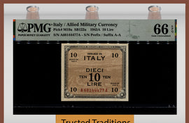 TT PK M19a 1943A ITALY ALLIED MILITARY CURRENCY 10 LIRE PMG 66 EPQ FINEST KNOWN