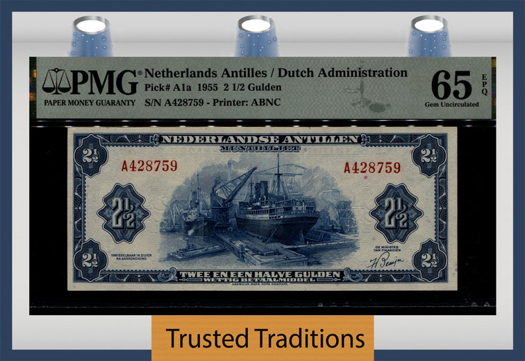 TT PK A1a 1955 NETHERLANDS ANTILLES DUTCH ADMINISTRATION 2 1/2 GULDEN PMG 65 EPQ