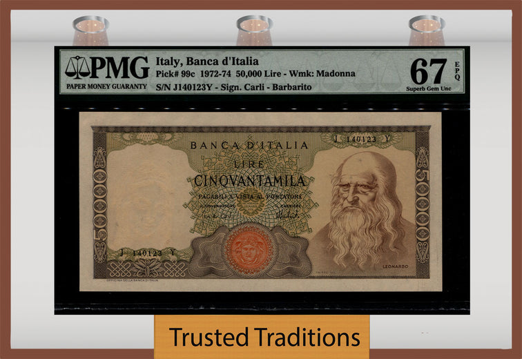 TT PK 99c 1972-74 ITALY 50000 LIRE LEONARDO DAVINCI MOST POPULAR PMG 67 EPQ