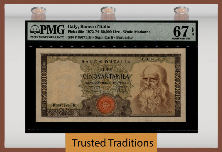TT PK 99c 1972-74 ITALY 50000 LIRE LEONARDO DAVINCI MOST POPULAR PMG 67 EPQ (Copy)