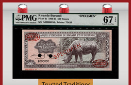 TT PK 6s 1960 RWANDA-BURUNDI 500 FRANCS SPECIMEN BLACK RHINO PMG 67 EPQ SUPERB