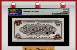 TT PK 6s 1960 RWANDA-BURUNDI 500 FRANCS SPECIMEN BLACK RHINO PMG 67 EPQ SUPERB